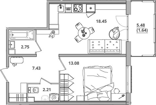 Планировка — Тишин, 2-комн., 44 м²