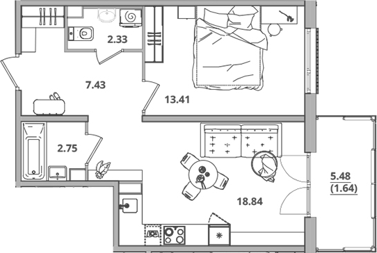 Планировка — Тишин, 2-комн., 45 м²