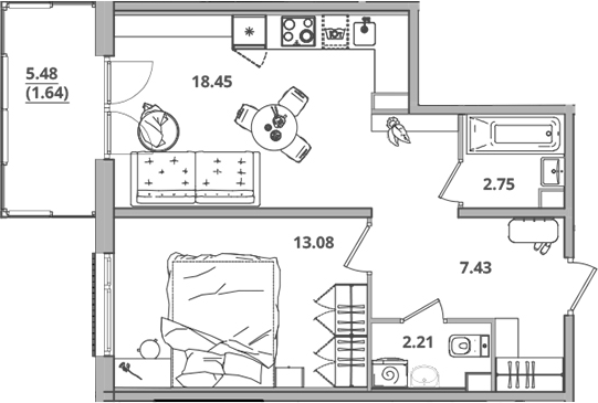 Планировка — Тишин, 2-комн., 44 м²