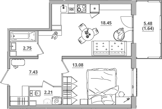 Планировка — Тишин, 2-комн., 44 м²