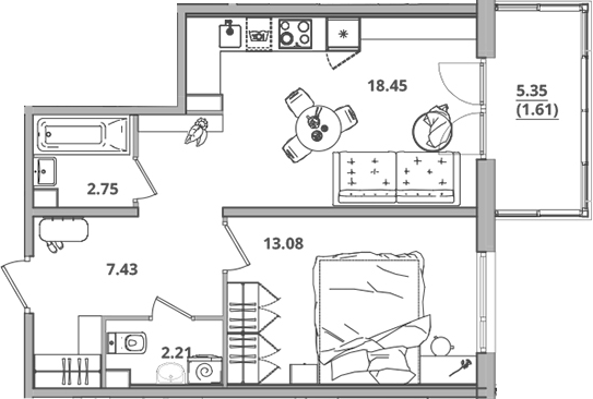 Планировка — Тишин, 2-комн., 44 м²