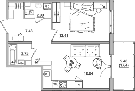 Планировка — Тишин, 2-комн., 45 м²