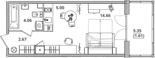 Планировка — Тишин, Студия, 26 м²