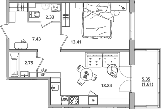Планировка — Тишин, 2-комн., 45 м²