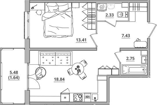 Планировка — Тишин, 2-комн., 45 м²