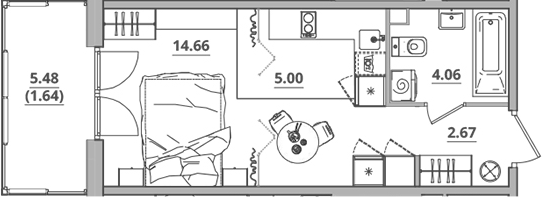 Планировка — Тишин, Студия, 26 м²