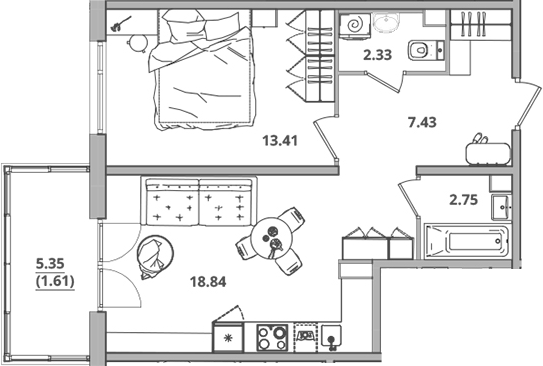 Планировка — Тишин, 2-комн., 45 м²