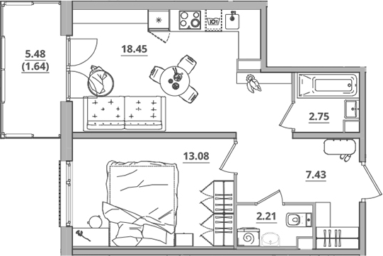 Планировка — Тишин, 2-комн., 44 м²