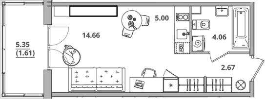 Планировка — Тишин, Студия, 26 м²