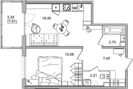 Планировка — Тишин, 2-комн., 44 м²