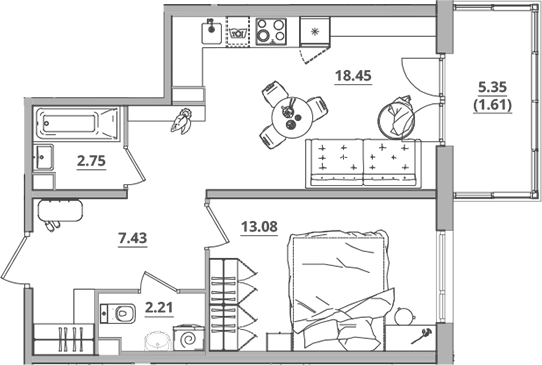 Планировка — Тишин, 2-комн., 44 м²