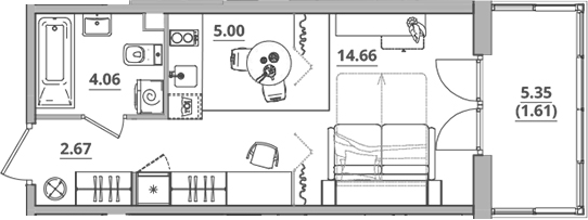 Планировка — Тишин, Студия, 26 м²