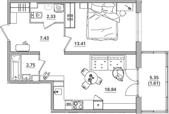 Планировка — Тишин, 2-комн., 45 м²