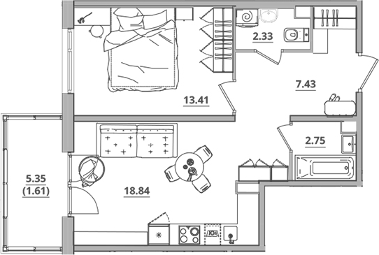 Планировка — Тишин, 2-комн., 45 м²
