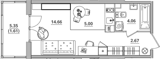 Планировка — Тишин, Студия, 26 м²