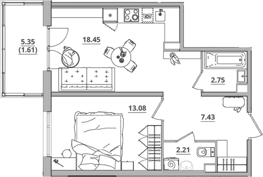 Планировка — Тишин, 2-комн., 44 м²
