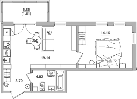 Планировка — Тишин, 2-комн., 41 м²