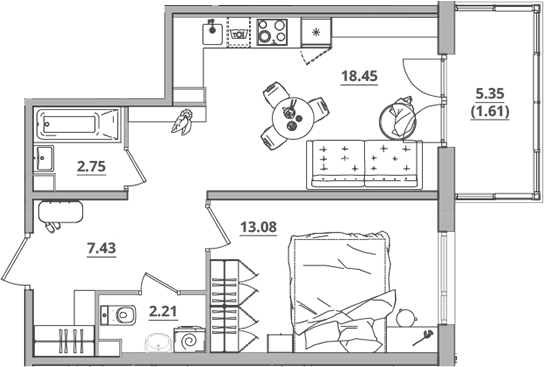 Планировка — Тишин, 2-комн., 44 м²