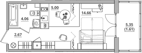 Планировка — Тишин, Студия, 26 м²