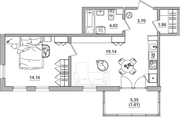 Планировка — Тишин, 2-комн., 43 м²