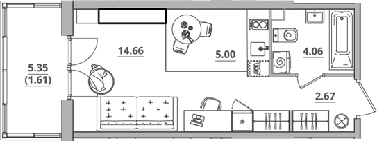 Планировка — Тишин, Студия, 26 м²