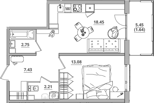 Планировка — Тишин, 2-комн., 44 м²