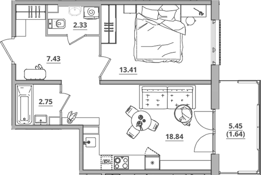 Планировка — Тишин, 2-комн., 45 м²