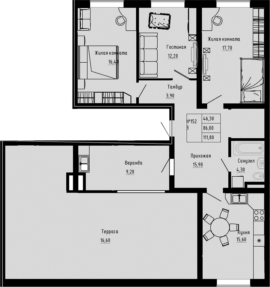 Планировка — PIXEL, 3-комн., 86 м²