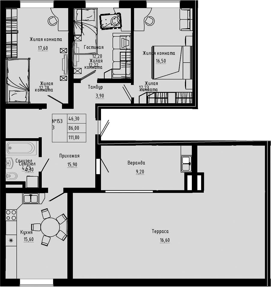 Планировка — PIXEL, 3-комн., 86 м²