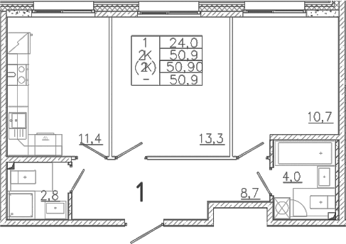 Планировка — Лисино, 2-комн., 51 м²