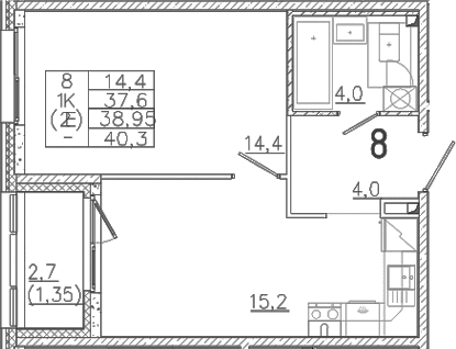 Планировка — Лисино, 2-комн., 38 м²