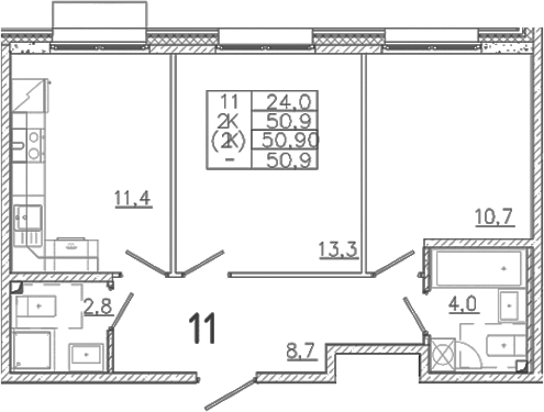 Планировка — Лисино, 2-комн., 51 м²