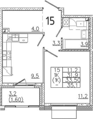 Планировка — Лисино, 1-комн., 32 м²