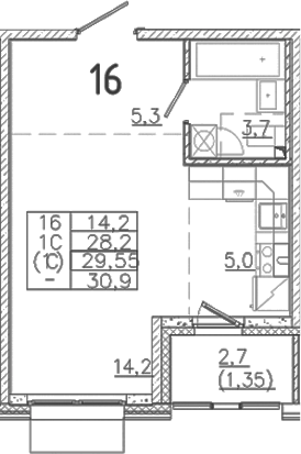 Планировка — Лисино, Студия, 28 м²