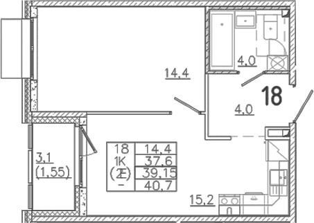 Планировка — Лисино, 2-комн., 38 м²