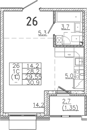 Планировка — Лисино, Студия, 28 м²