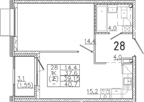 Планировка — Лисино, 2-комн., 38 м²