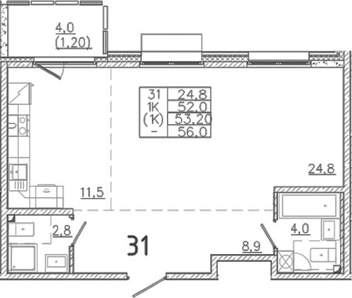 Планировка — Лисино, 1-комн., 52 м²
