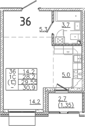 Планировка — Лисино, Студия, 28 м²