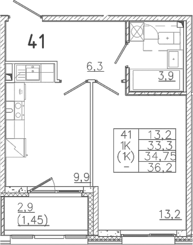 Планировка — Лисино, 1-комн., 33 м²