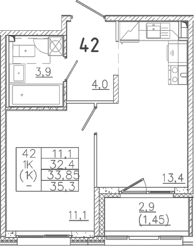 Планировка — Лисино, 1-комн., 32 м²