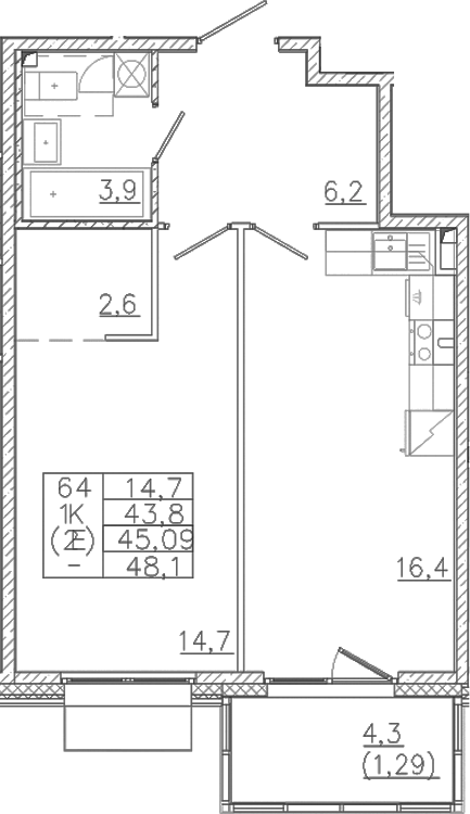 Планировка — Лисино, 2-комн., 44 м²