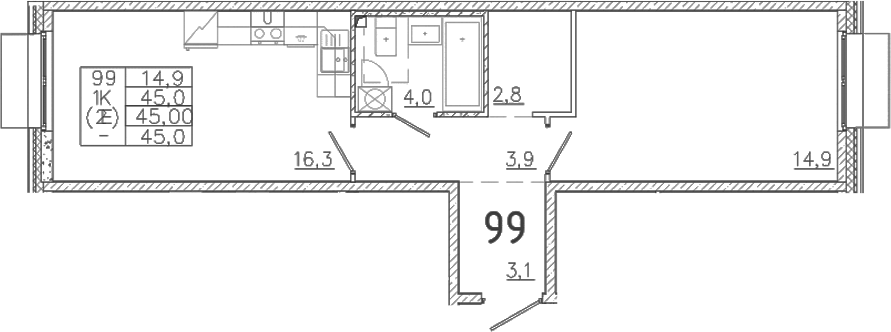 Планировка — Лисино, 2-комн., 45 м²