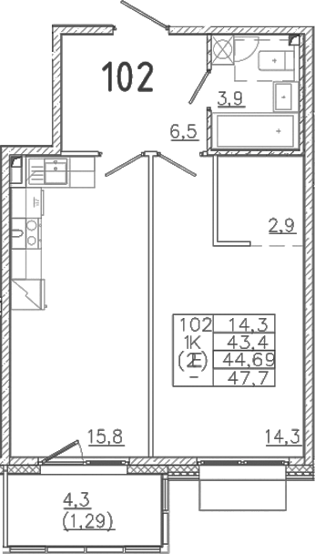 Планировка — Лисино, 2-комн., 43 м²