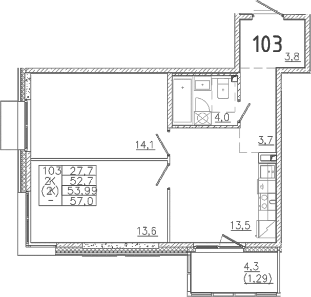 Планировка — Лисино, 2-комн., 53 м²