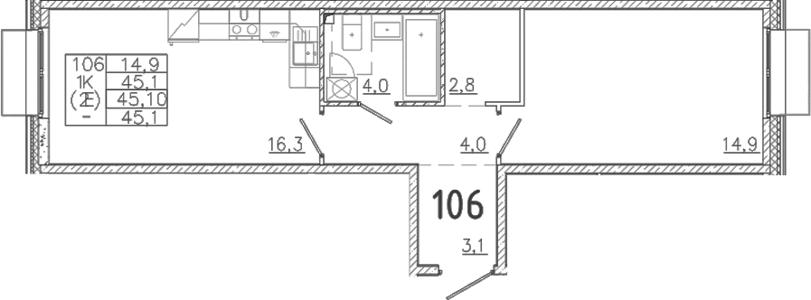 Планировка — Лисино, 2-комн., 45 м²