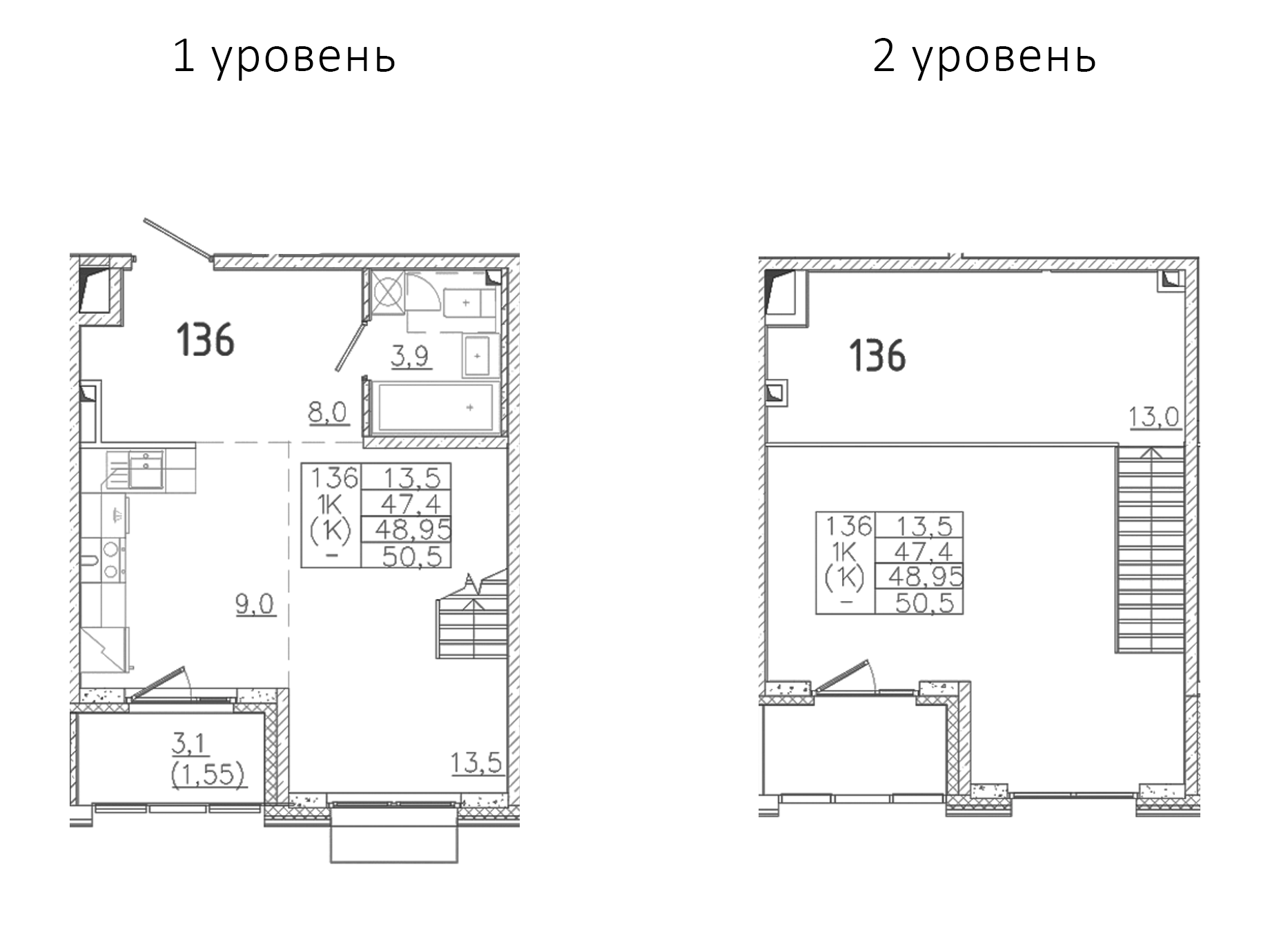 Планировка — Лисино, 1-комн., 47 м²