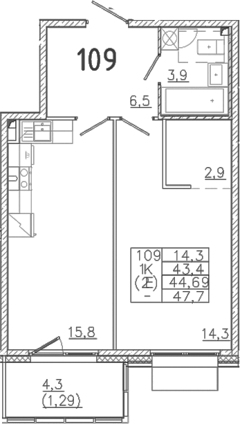 Планировка — Лисино, 2-комн., 43 м²