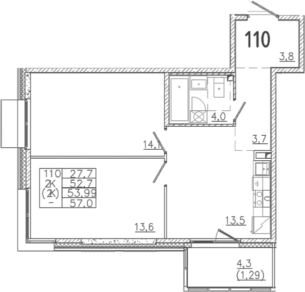 Планировка — Лисино, 2-комн., 53 м²