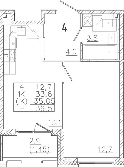 Планировка — Лисино, 1-комн., 34 м²